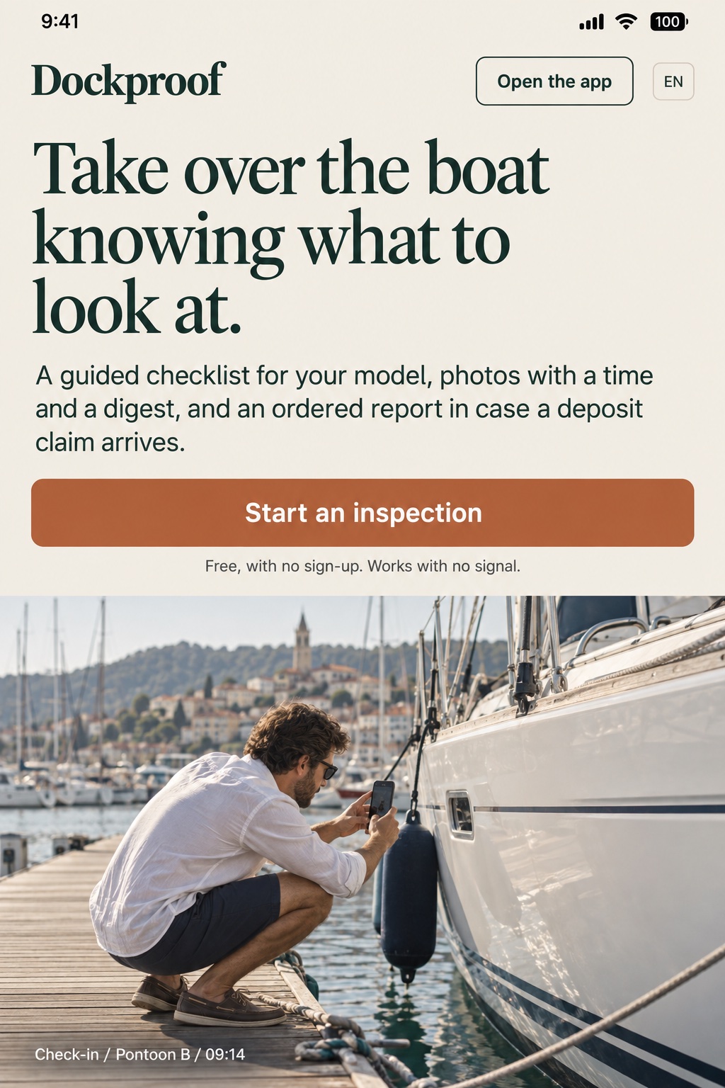 Editorial direction on a phone: cream background, serif headline over four lines, a full-width terracotta Start an inspection button, and below it a full-width photo of a person crouched on a pontoon photographing a yacht hull, captioned Check-in / Pontoon B / 09:14.