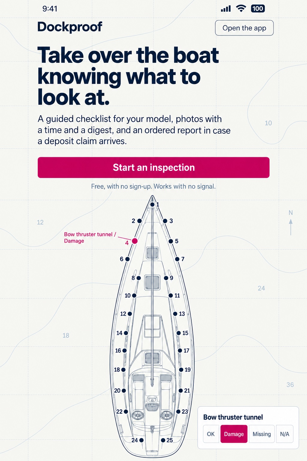 Sunlight chart direction on a phone: chart paper background, bold navy headline, a full-width magenta Start an inspection button, and below it a vertical boat plan with points 1 to 25, point 4 in magenta labeled Bow thruster tunnel / Damage, and a small card with OK, Damage, Missing, and N/A buttons.