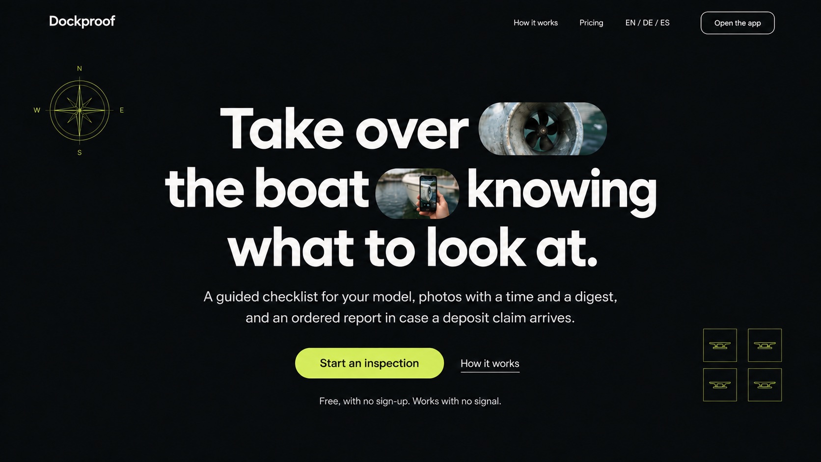Dark hero: near-black background, large rounded geometric sans headline centered, two photo pills inside the headline showing a bow thruster tunnel and a phone photographing a hull, a chartreuse Start an inspection button, a thin compass rose top-left, and four cleat icons bottom-right.