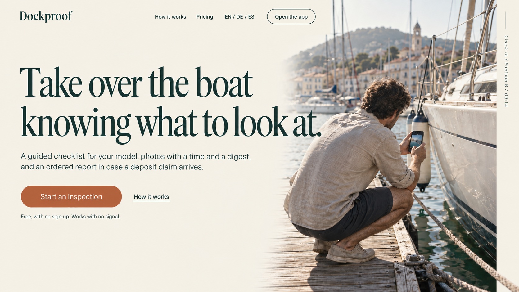 Editorial hero: cream background, tall serif headline in dark sea green on the left, a terracotta Start an inspection pill, and on the right a photo of a person crouched on a wooden pontoon photographing a yacht hull with a phone, with a vertical caption Check-in / Pontoon B / 09:14.