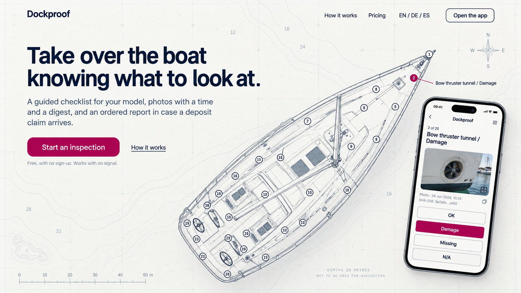 Light hero on chart paper with a faint grid and depth soundings: bold navy grotesk headline top-left, a magenta Start an inspection button, a top-down line plan of a sailing yacht with numbered inspection points, one magenta point labeled Bow thruster tunnel / Damage, and a phone showing that item with OK, Damage, Missing, and N/A buttons.